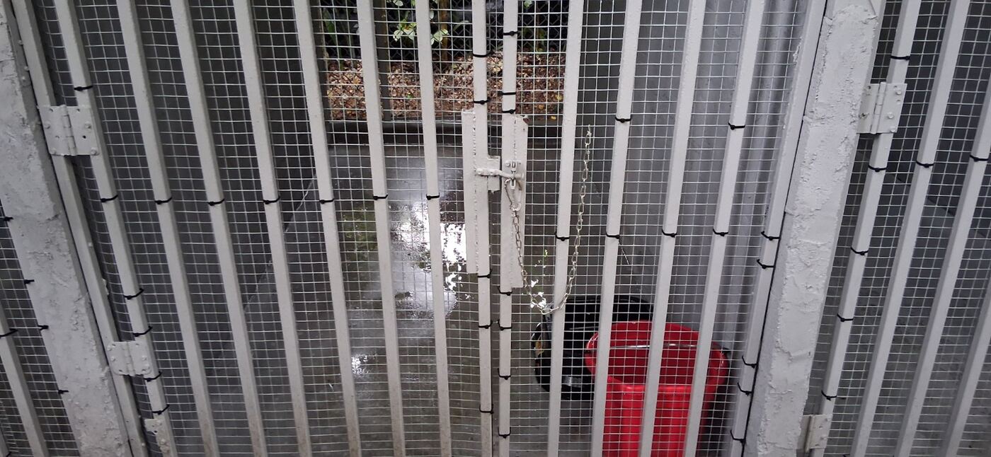Metal safety latch and chain securing a kennel door